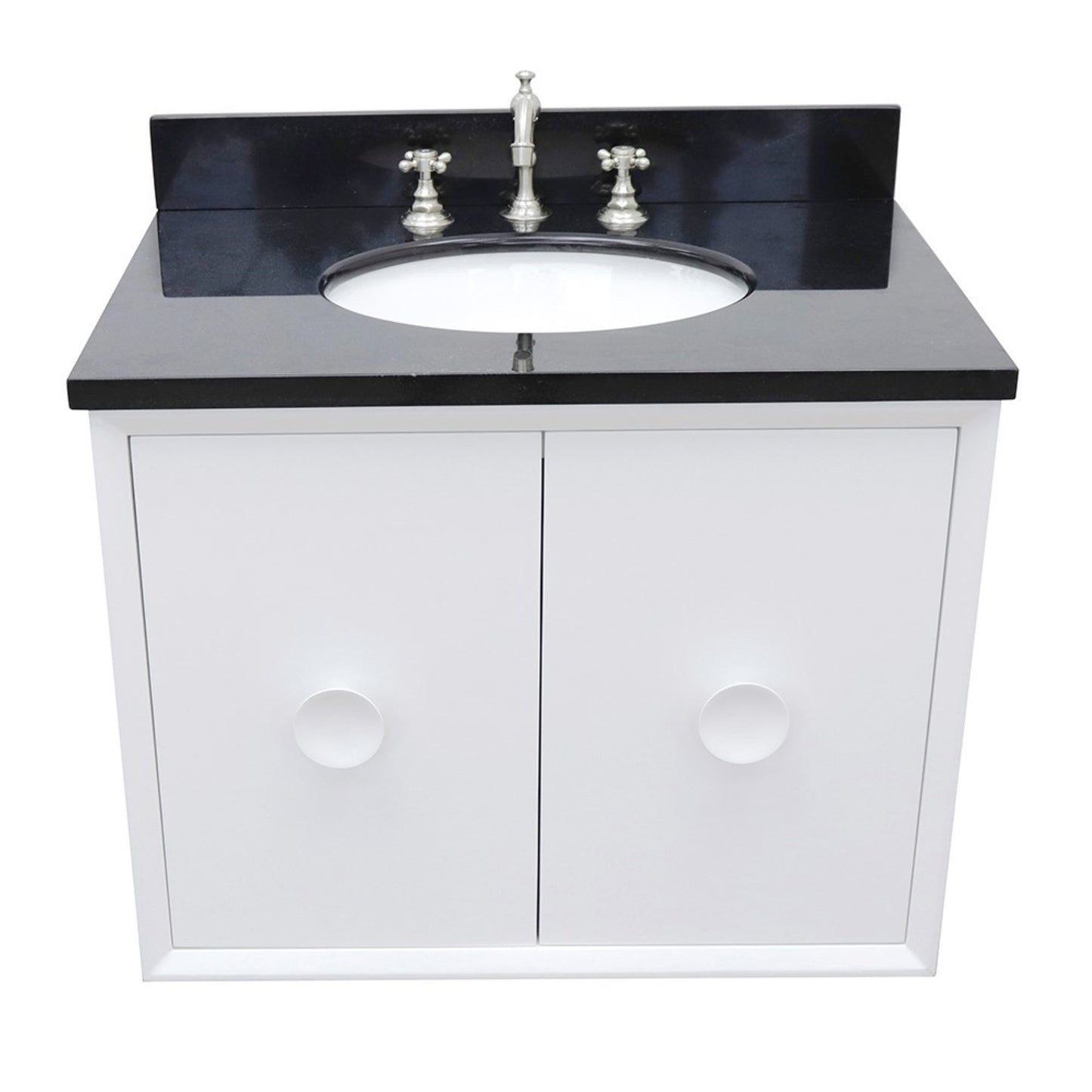 31" Single wall mount vanity in White finish with Black Galaxy top and oval sink
