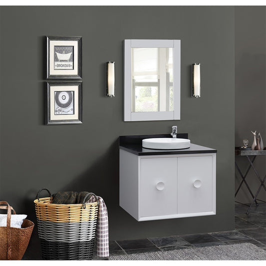 31" Single wall mount vanity in White finish with Black Galaxy top and round sink