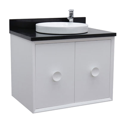 31" Single wall mount vanity in White finish with Black Galaxy top and round sink