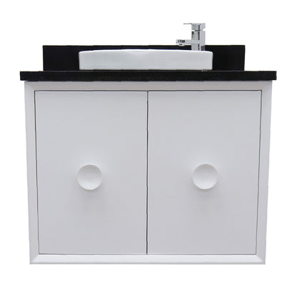 31" Single wall mount vanity in White finish with Black Galaxy top and round sink