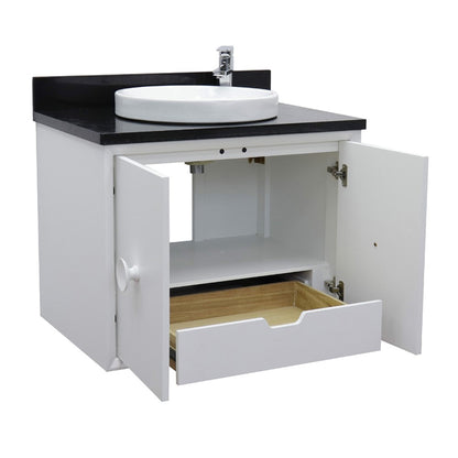 31" Single wall mount vanity in White finish with Black Galaxy top and round sink