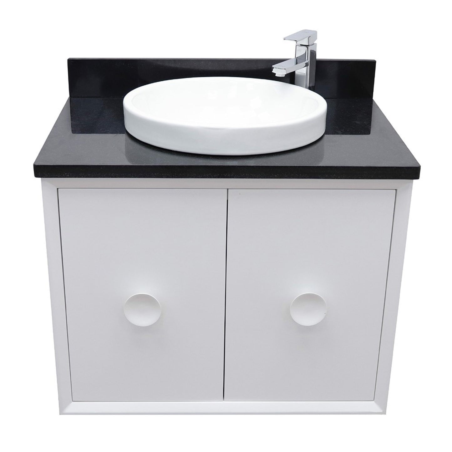 31" Single wall mount vanity in White finish with Black Galaxy top and round sink