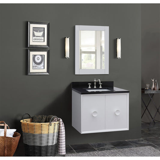 31" Single wall mount vanity in White finish with Black Galaxy top and rectangle sink