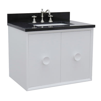 31" Single wall mount vanity in White finish with Black Galaxy top and rectangle sink