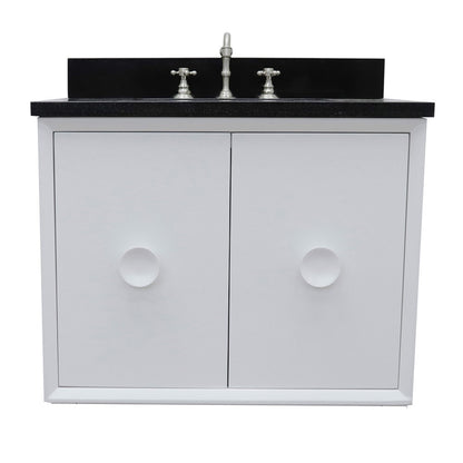 31" Single wall mount vanity in White finish with Black Galaxy top and rectangle sink