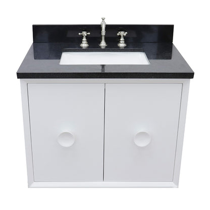 31" Single wall mount vanity in White finish with Black Galaxy top and rectangle sink