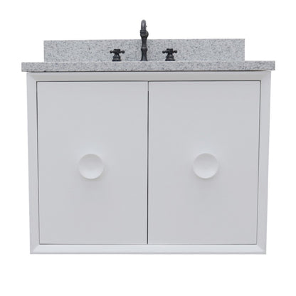 31" Single wall mount vanity in White finish with Gray granite top and oval sink