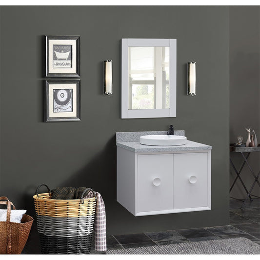 31" Single wall mount vanity in White finish with Gray granite top and round sink