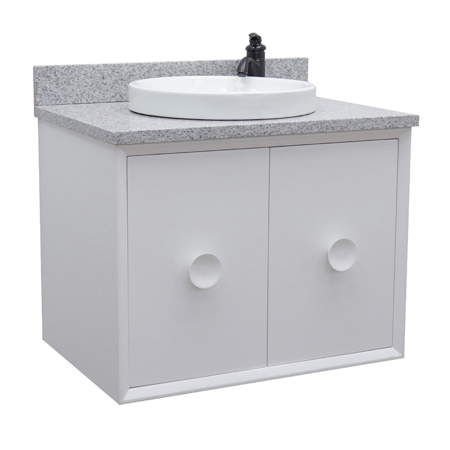31" Single wall mount vanity in White finish with Gray granite top and round sink