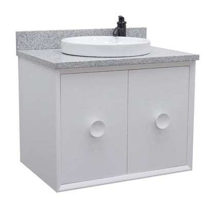 31" Single wall mount vanity in White finish with Gray granite top and round sink