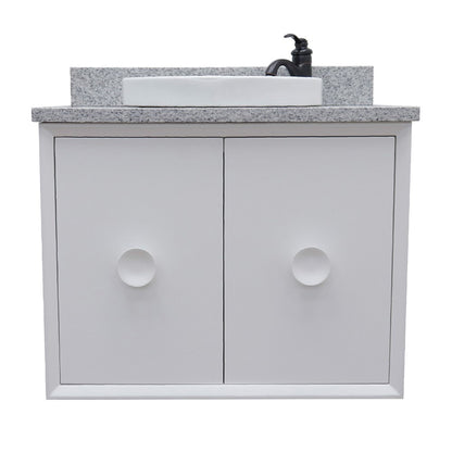 31" Single wall mount vanity in White finish with Gray granite top and round sink