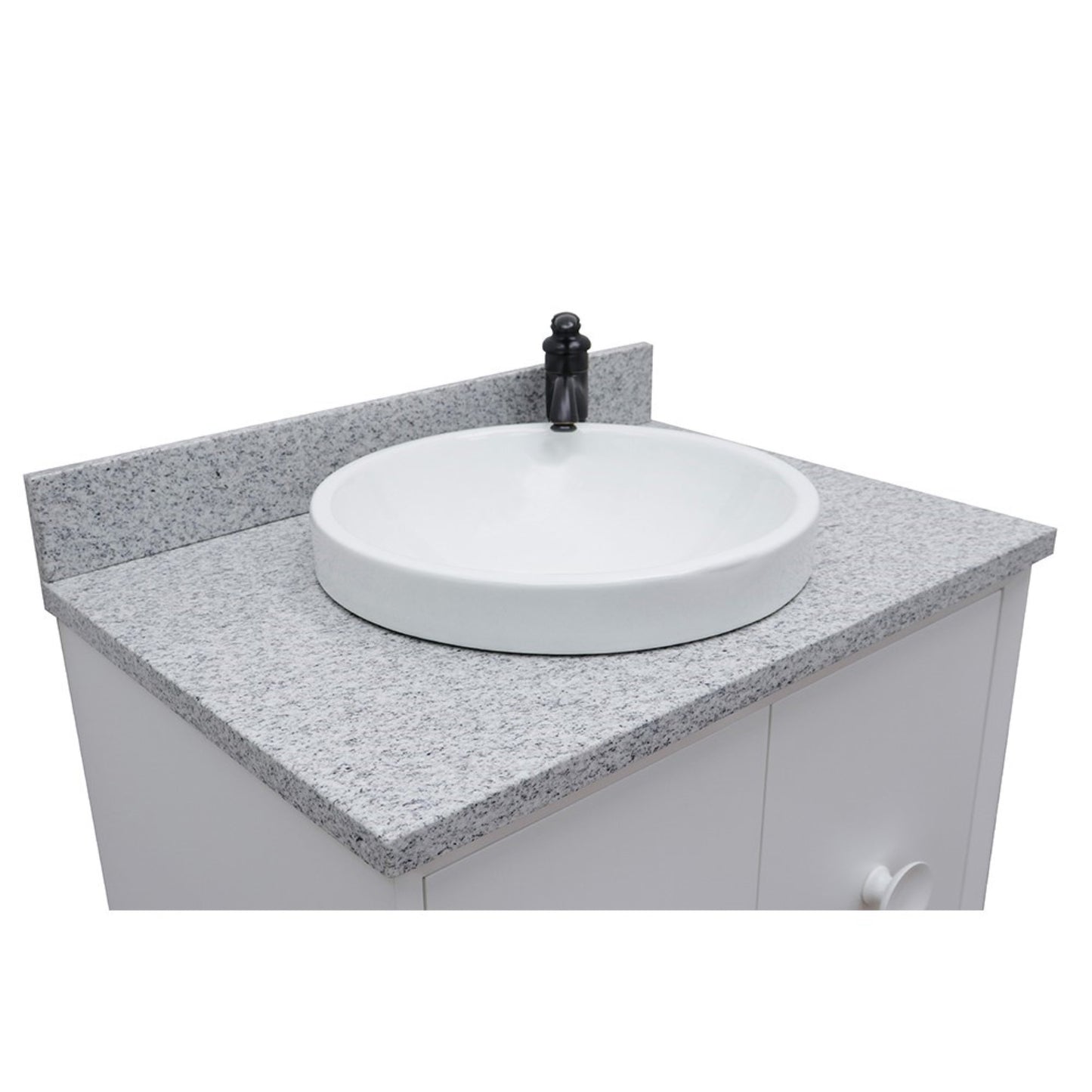 31" Single wall mount vanity in White finish with Gray granite top and round sink