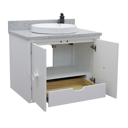 31" Single wall mount vanity in White finish with Gray granite top and round sink