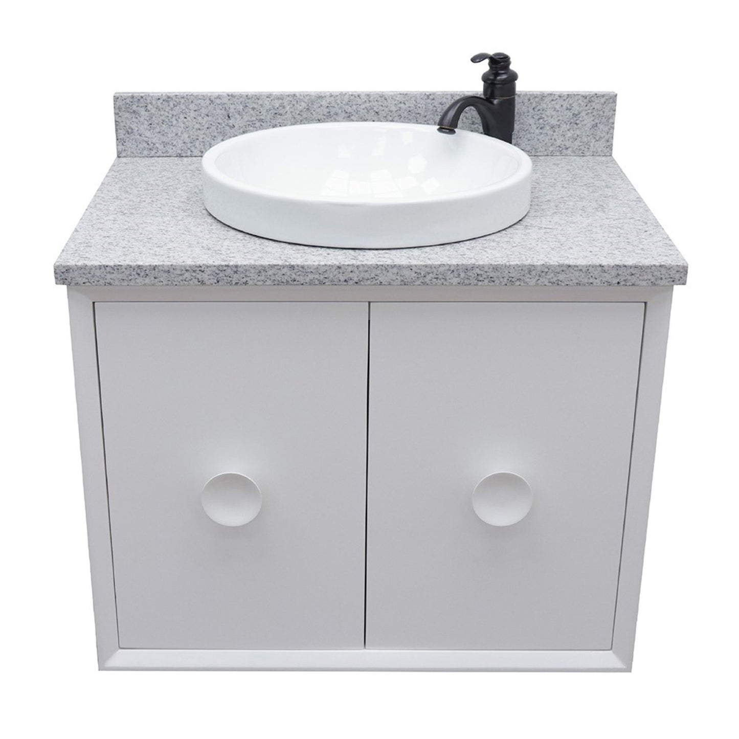 31" Single wall mount vanity in White finish with Gray granite top and round sink