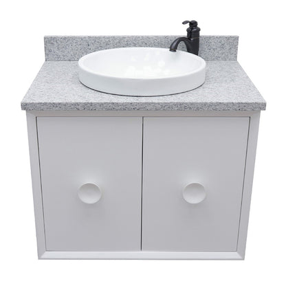 31" Single wall mount vanity in White finish with Gray granite top and round sink