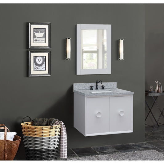 31" Single wall mount vanity in White finish with Gray granite top and rectangle sink