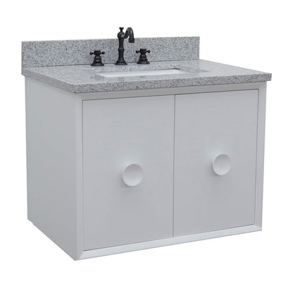 31" Single wall mount vanity in White finish with Gray granite top and rectangle sink