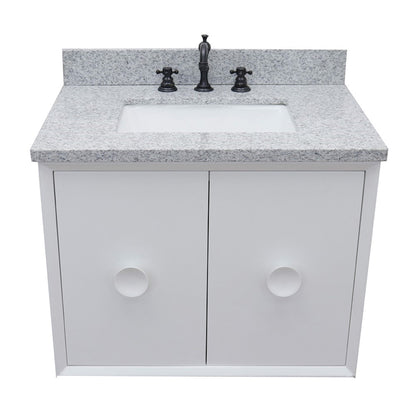 31" Single wall mount vanity in White finish with Gray granite top and rectangle sink