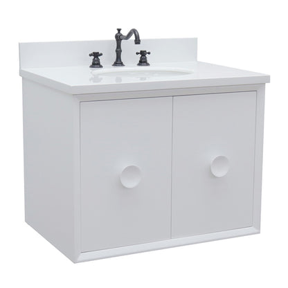 31" Single wall mount vanity in White finish with White engineered stone top and oval sink