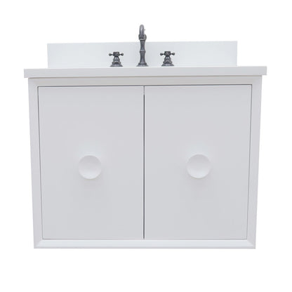 31" Single wall mount vanity in White finish with White engineered stone top and oval sink