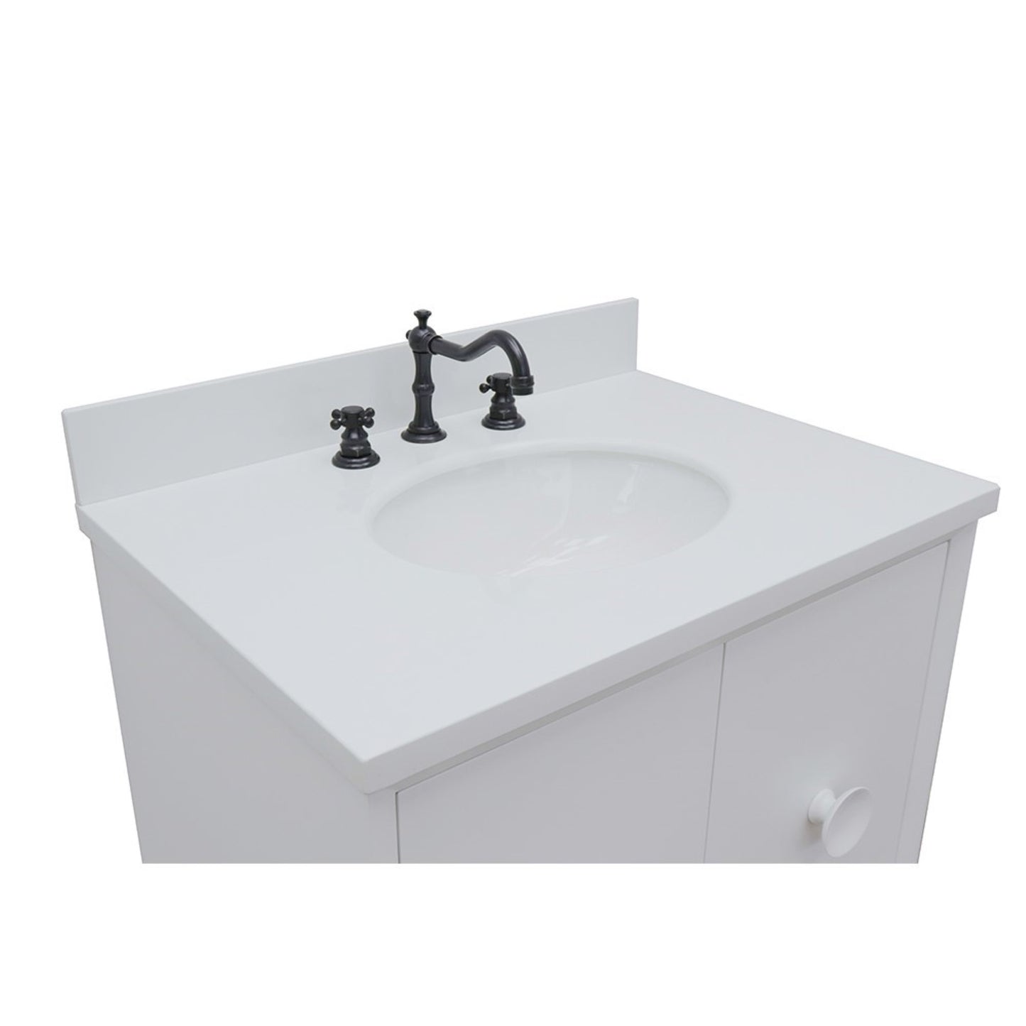 31" Single wall mount vanity in White finish with White engineered stone top and oval sink