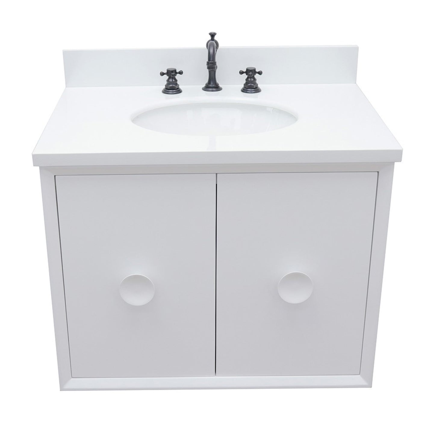 31" Single wall mount vanity in White finish with White engineered stone top and oval sink