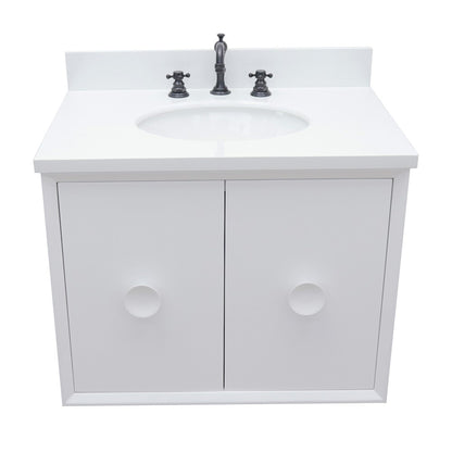 31" Single wall mount vanity in White finish with White engineered stone top and oval sink