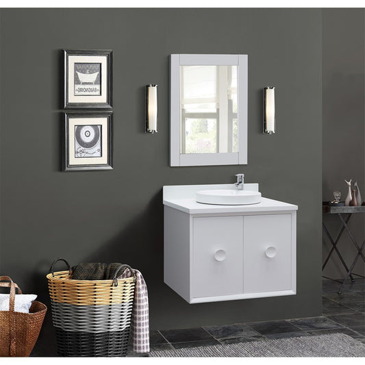 31" Single wall mount vanity in White finish with White engineered stone top and round sink