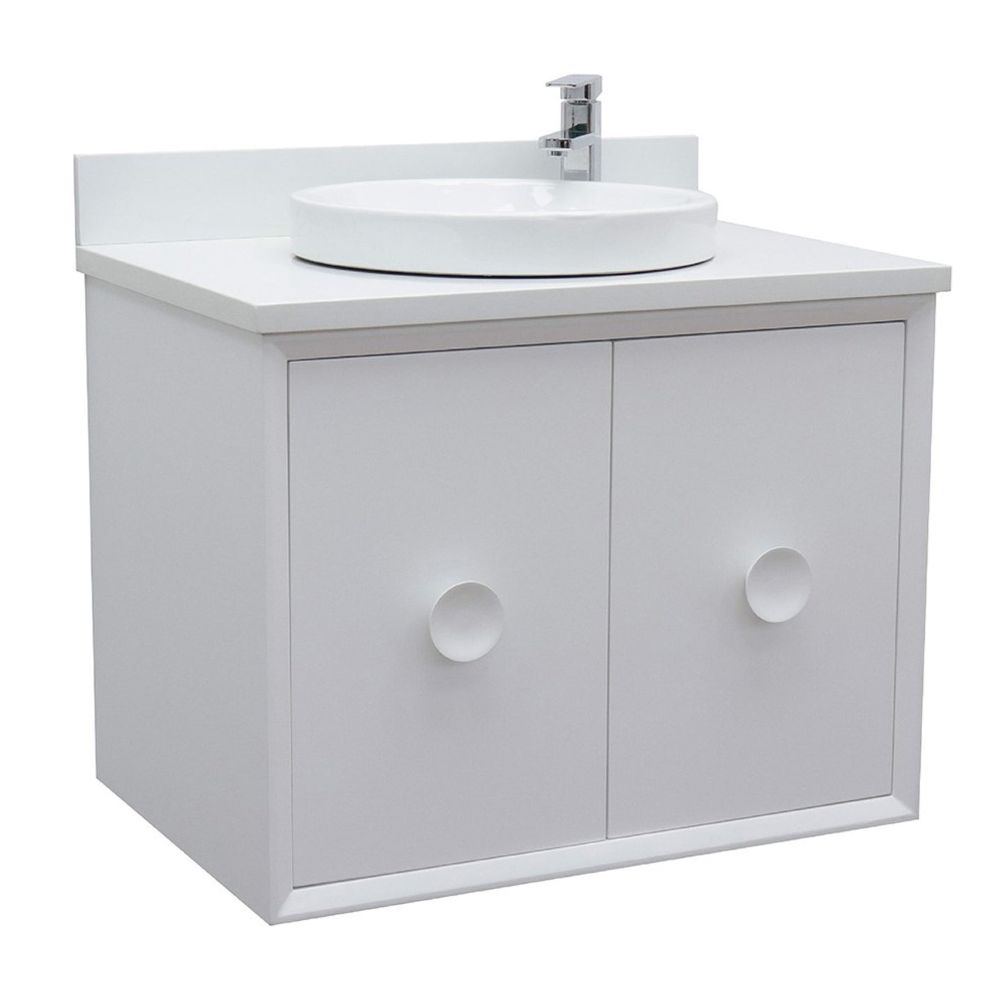 31" Single wall mount vanity in White finish with White engineered stone top and round sink