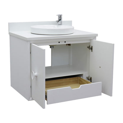 31" Single wall mount vanity in White finish with White engineered stone top and round sink
