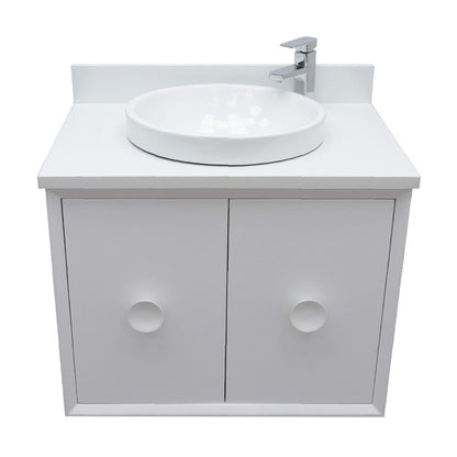 31" Single wall mount vanity in White finish with White engineered stone top and round sink