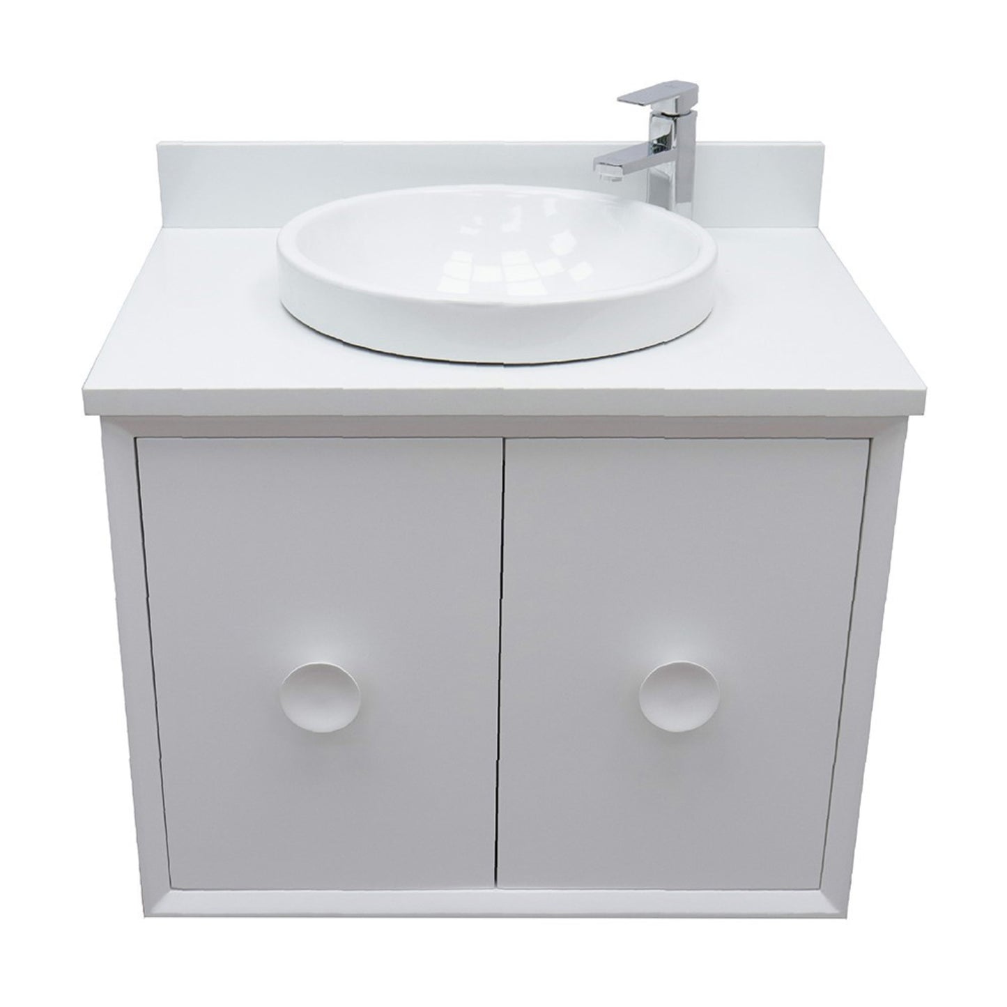 31" Single wall mount vanity in White finish with White engineered stone top and round sink