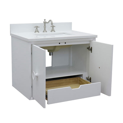31" Single wall mount vanity in White finish with White engineered stone top and rectangle sink