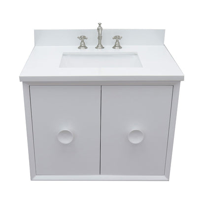 31" Single wall mount vanity in White finish with White engineered stone top and rectangle sink