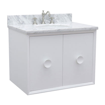 31" Single wall mount vanity in White finish with White Carrara top and oval sink