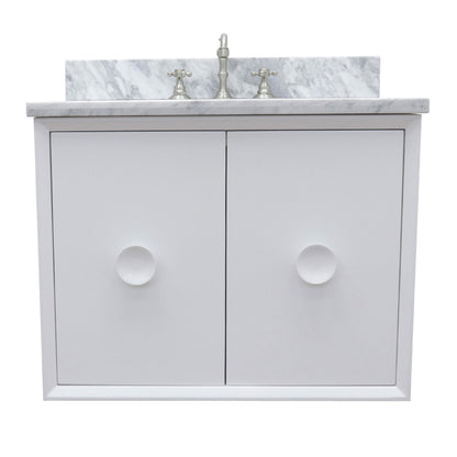 31" Single wall mount vanity in White finish with White Carrara top and oval sink