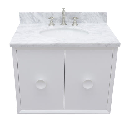 31" Single wall mount vanity in White finish with White Carrara top and oval sink
