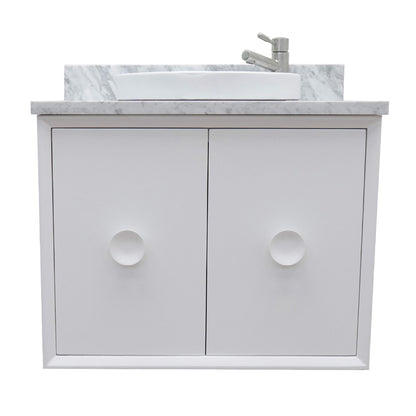 31" Single wall mount vanity in White finish with White Carrara top and round sink