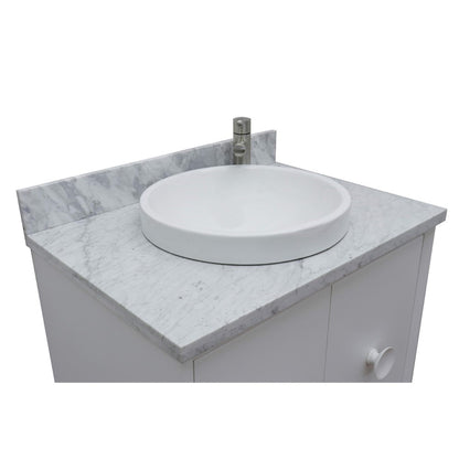 31" Single wall mount vanity in White finish with White Carrara top and round sink