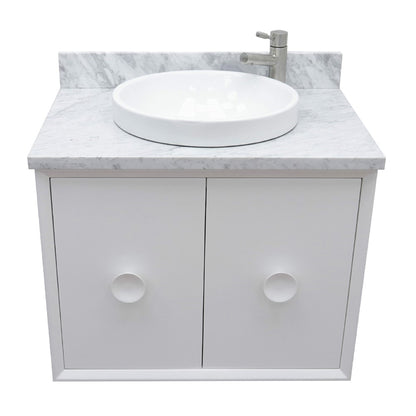 31" Single wall mount vanity in White finish with White Carrara top and round sink