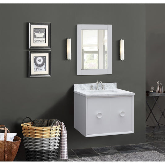 31" Single wall mount vanity in White finish with White Carrara top and rectangle sink
