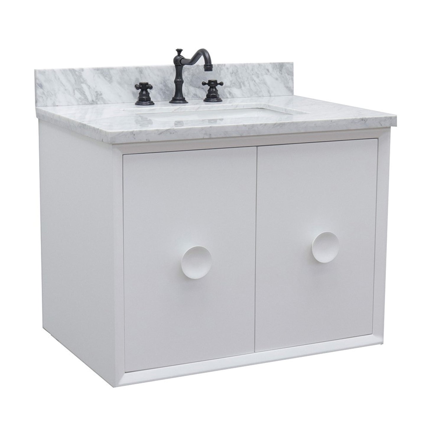 31" Single wall mount vanity in White finish with White Carrara top and rectangle sink