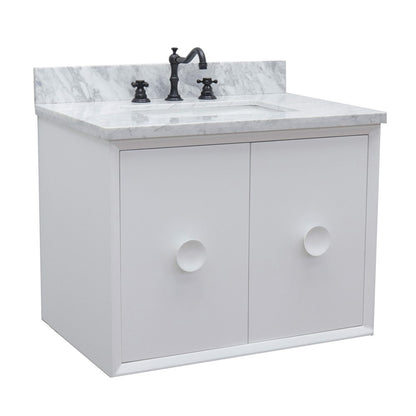 31" Single wall mount vanity in White finish with White Carrara top and rectangle sink