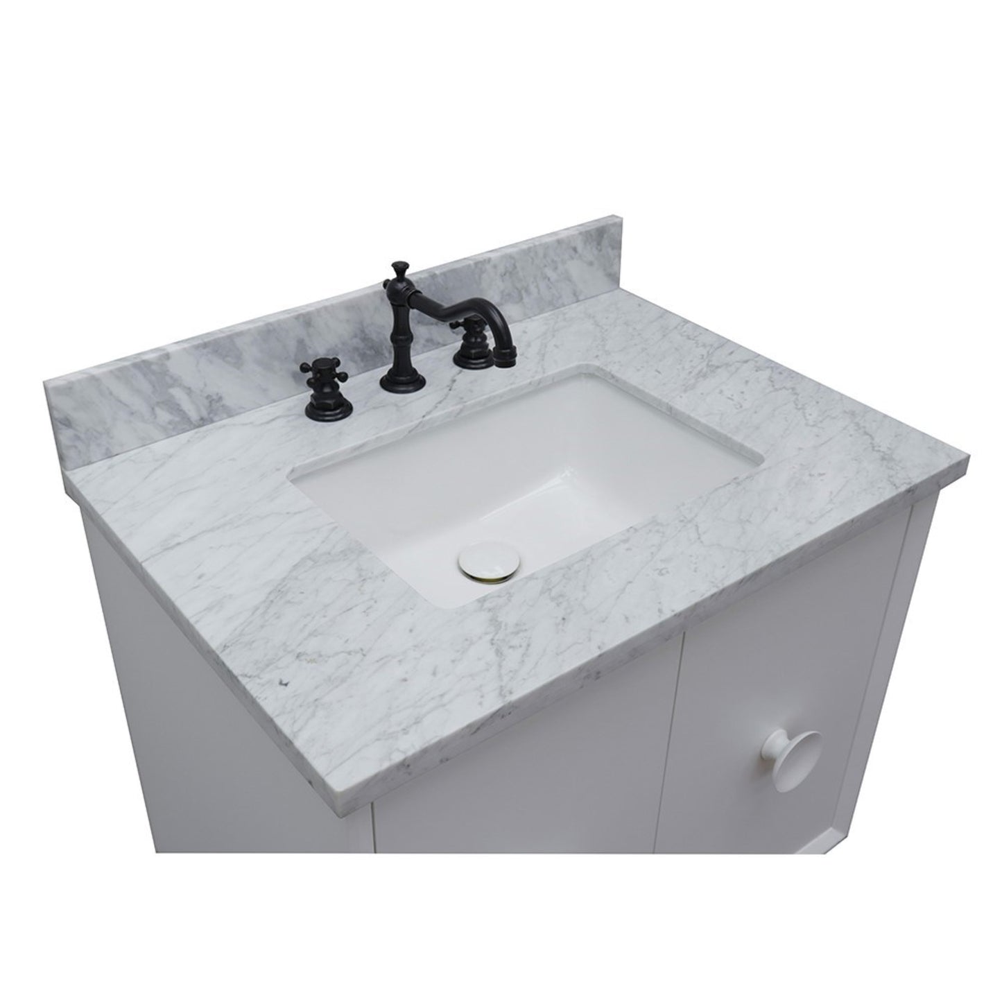 31" Single wall mount vanity in White finish with White Carrara top and rectangle sink