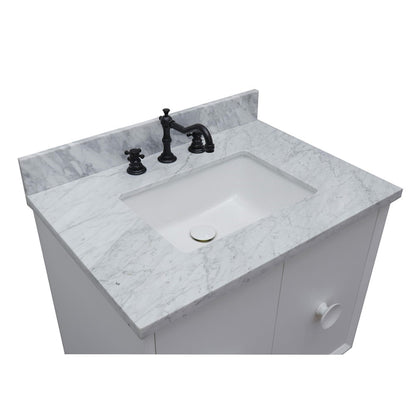 31" Single wall mount vanity in White finish with White Carrara top and rectangle sink