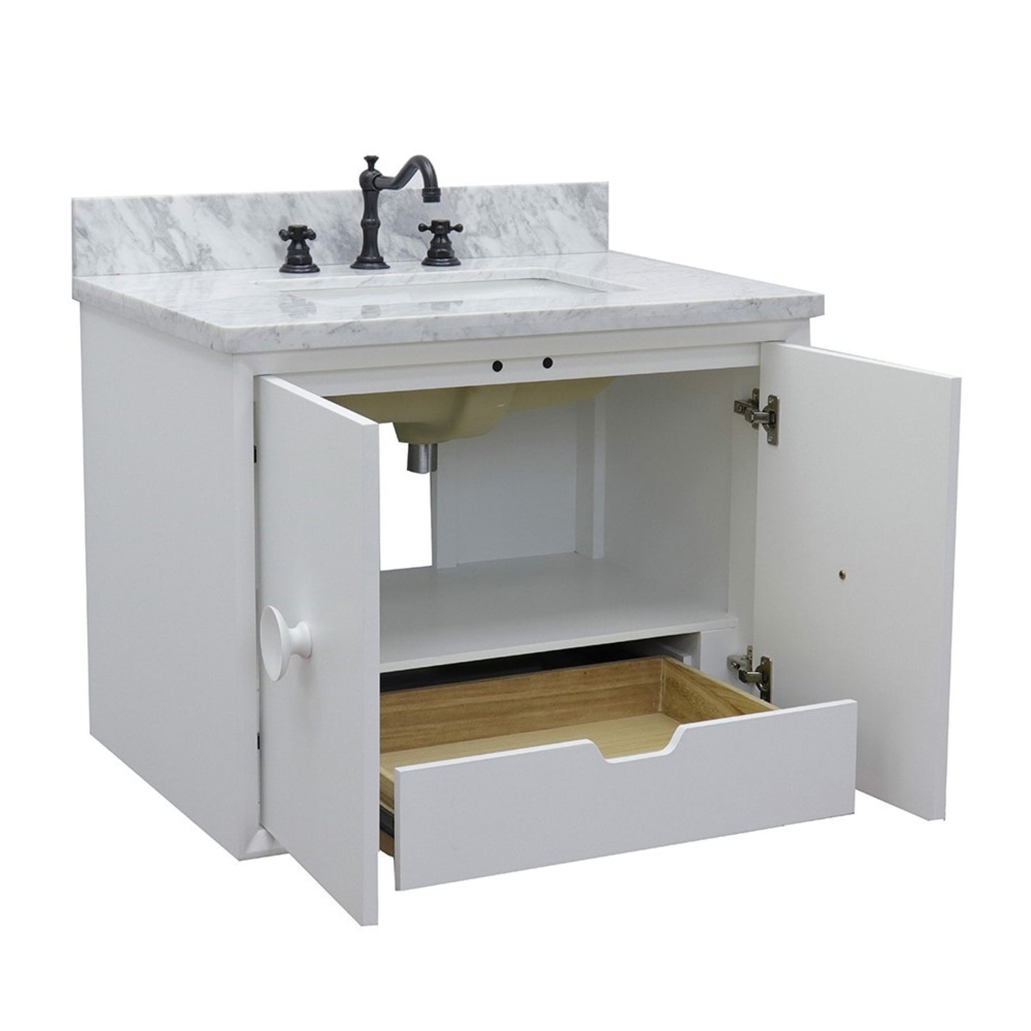31" Single wall mount vanity in White finish with White Carrara top and rectangle sink
