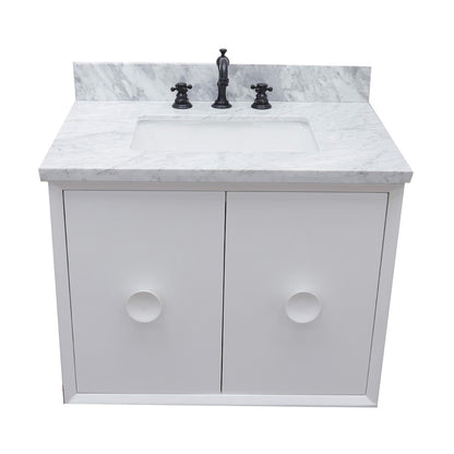 31" Single wall mount vanity in White finish with White Carrara top and rectangle sink