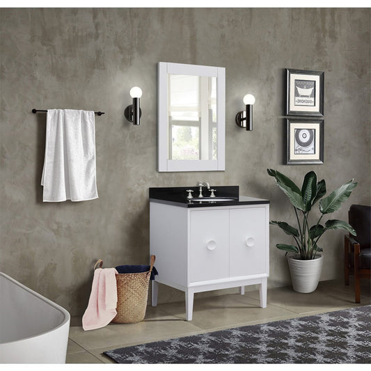 31" Single vanity in White finish with Black Galaxy top and oval sink