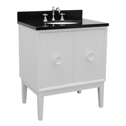 31" Single vanity in White finish with Black Galaxy top and oval sink