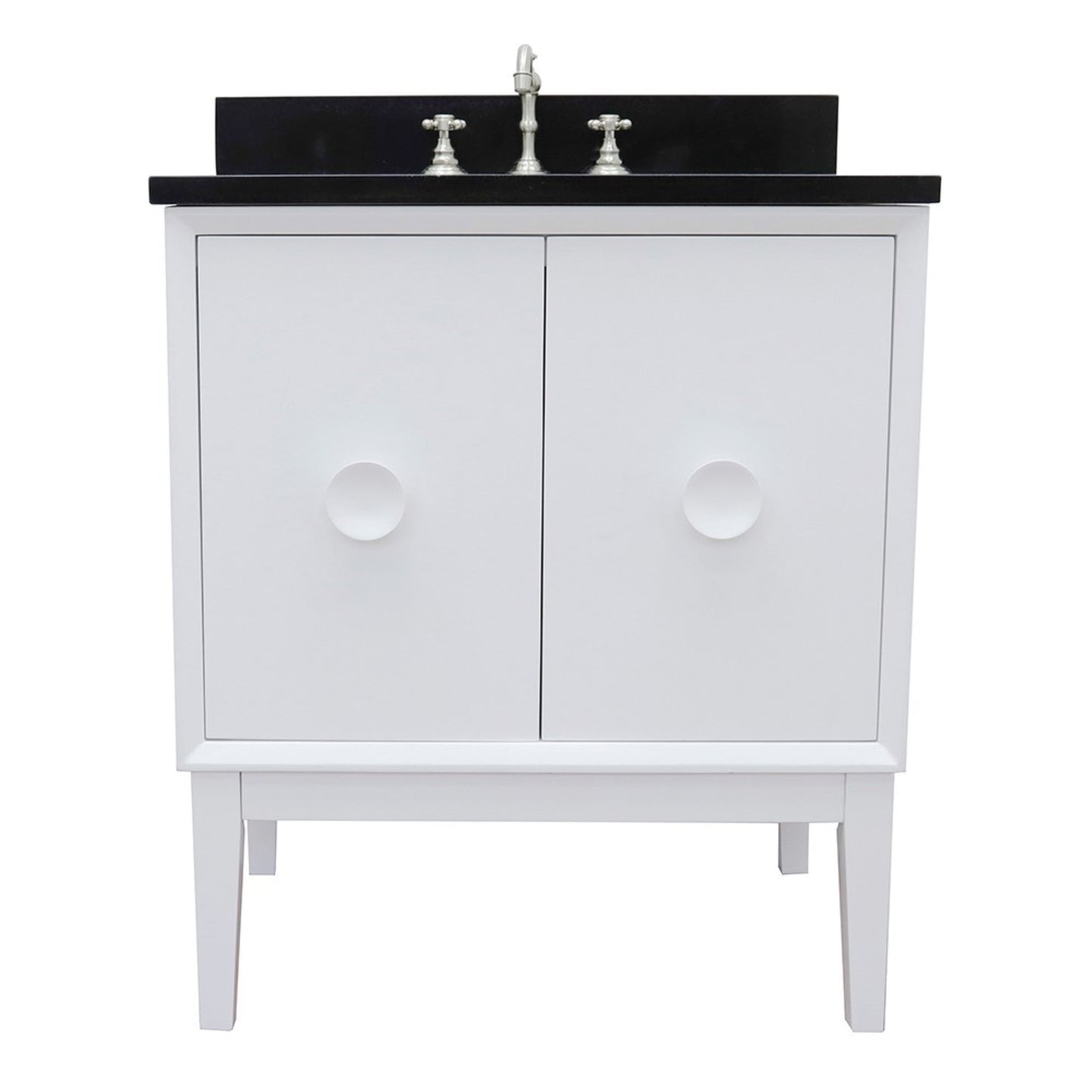 31" Single vanity in White finish with Black Galaxy top and oval sink